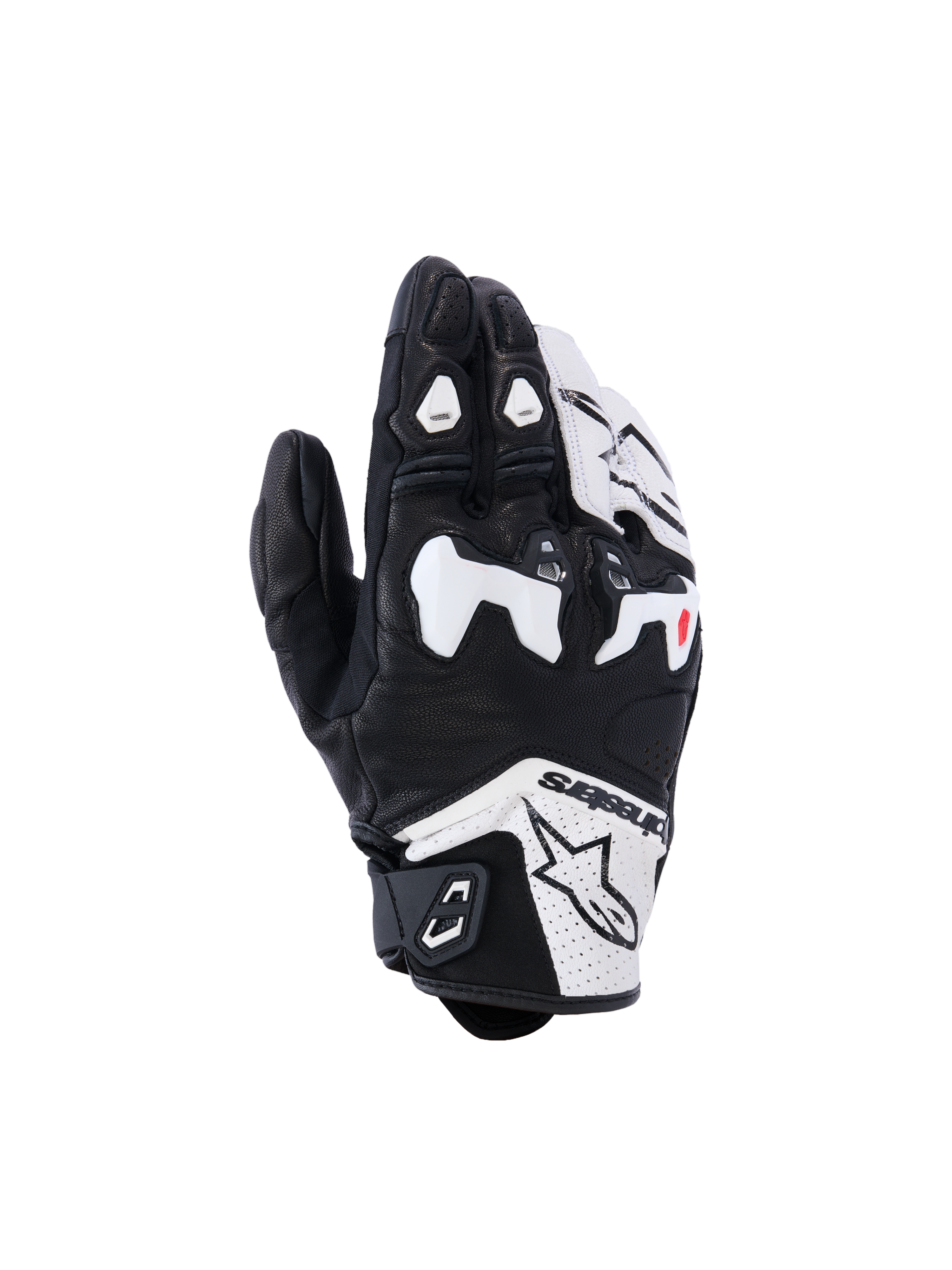 Alpinestars SP-R Tech handschoenen, motorracehandschoenen, zwart en wit, met witte TPU verdeelde knokkelbeschermer, geperforeerde lederen constructie, Alpinestars-branding op de manchet en rode vingeraccenten, sportief ontwerp met korte manchet