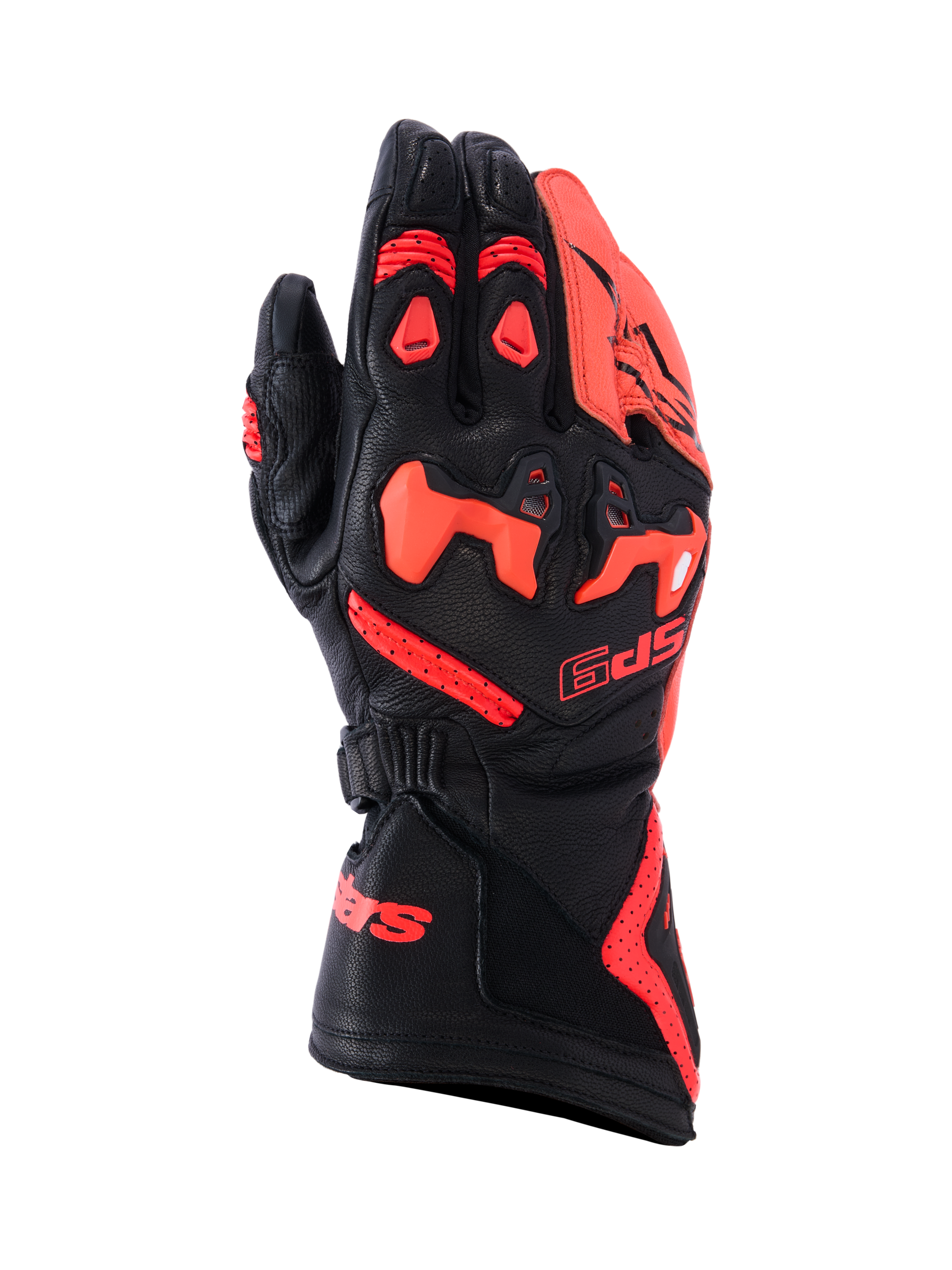 Alpinestars SP-9 handschoenen, race- en sportmotorhandschoenen, zwart en fluo rood, constructie van volnerf geitenleer met SP-R verdeelde TPU-knokkelbescherming, geperforeerde handrug voor luchtstroom, lange manchet met opvallende rode logo's, hoogwaardige beschermende uitrusting voor sportief rijden