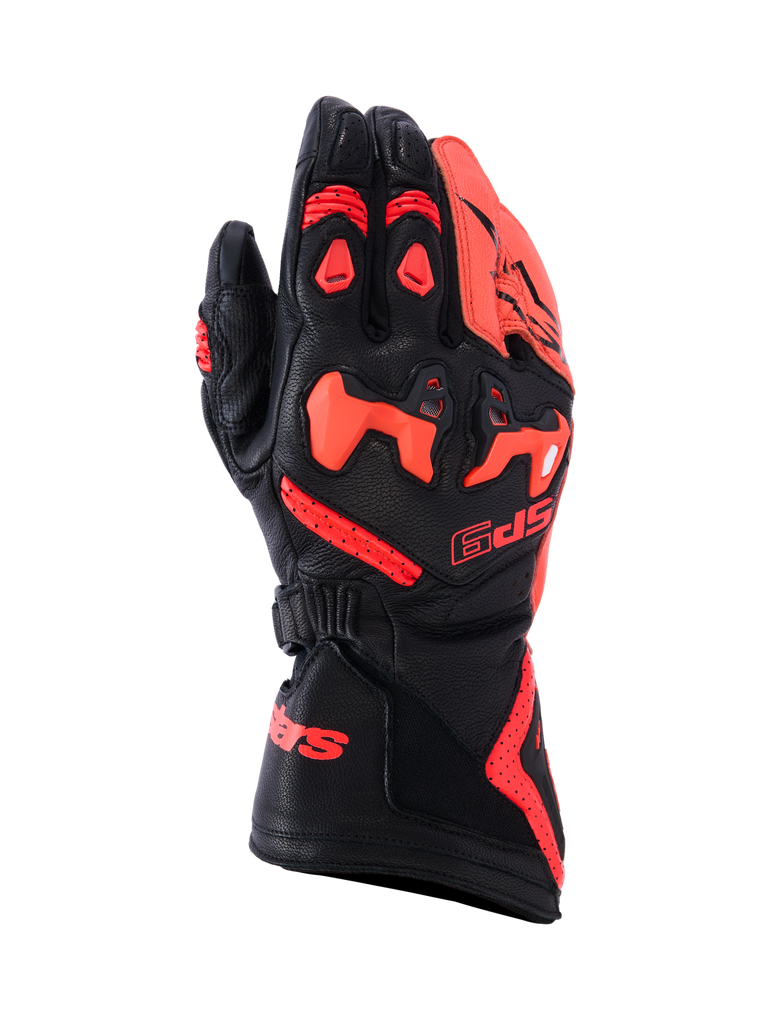 Alpinestars SP-9 handschoenen, motorhandschoenen, zwart en rood, leren constructie met gestructureerd oppervlak, beschermende versterking op knokkels en vingers, verstelbare polsband, sportief design met ventilatieopeningen