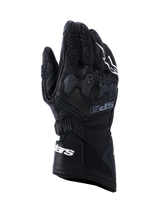 Alpinestars SP-9 handschoenen, zwarte motorracehandschoenen, volnerfleer met SP-R TPU-knokkelbescherming, lange manchet met witte Alpinestars-branding, geperforeerde details en ergonomisch sportontwerp