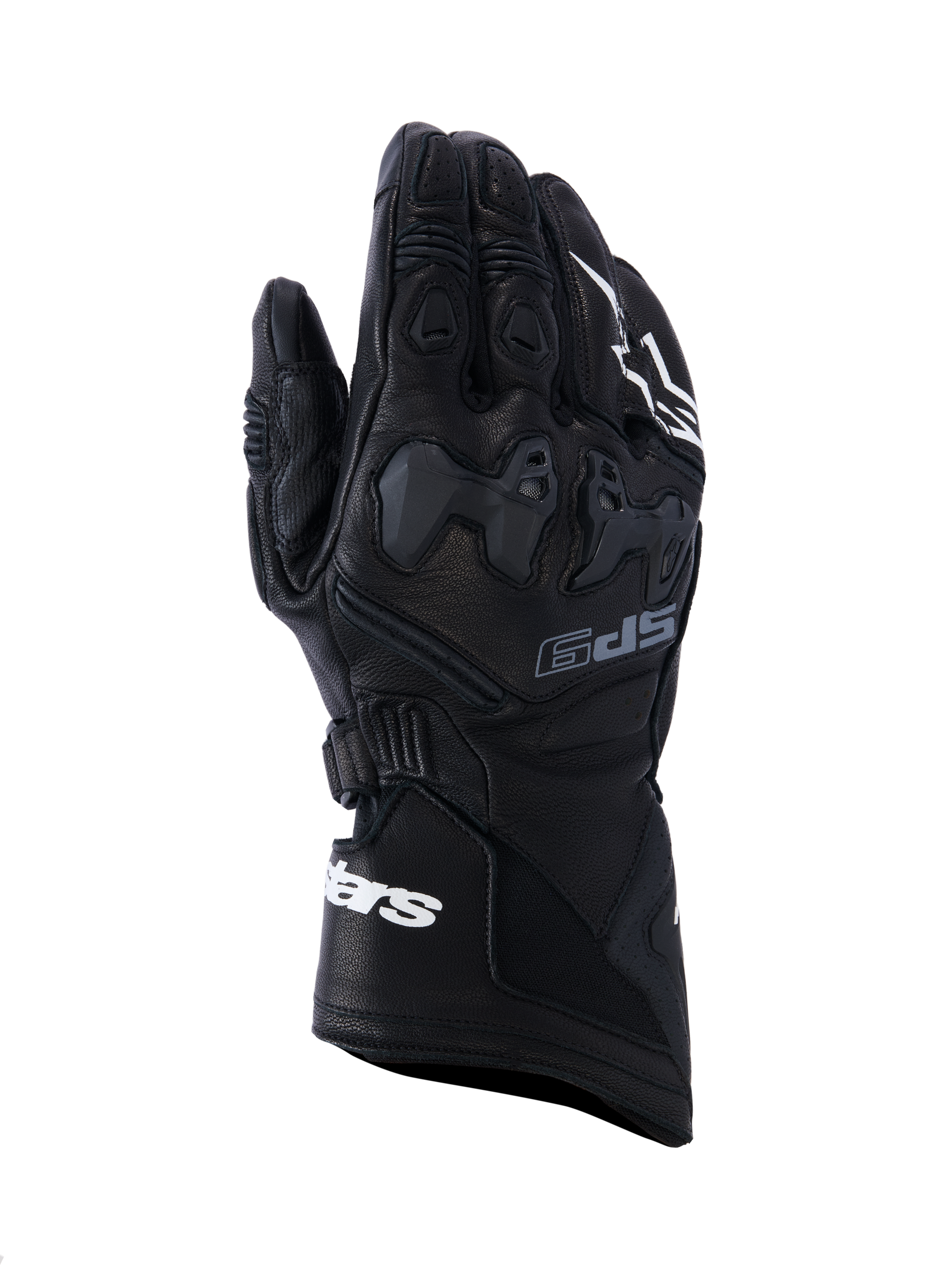 Alpinestars SP-9 handschoenen, zwarte motorracehandschoenen, volnerfleer met SP-R TPU-knokkelbescherming, lange manchet met witte Alpinestars-branding, geperforeerde details en ergonomisch sportontwerp