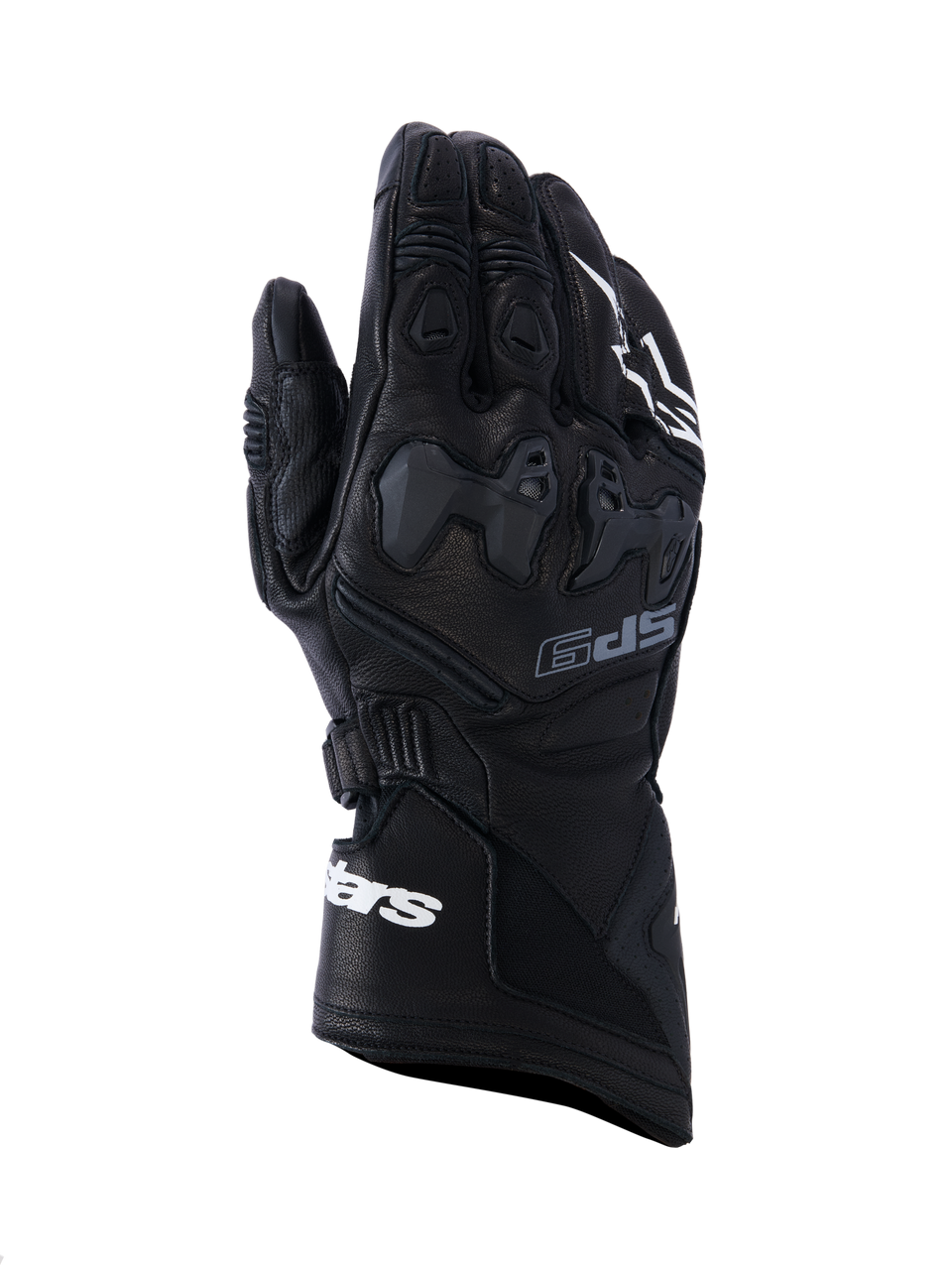Alpinestars SP-9 Gloves, Black Motorcycle Racing Gloves, full-grain leather with SP-R TPU knuckle protection, long cuff with white Alpinestars branding, perforated details and ergonomic sport design