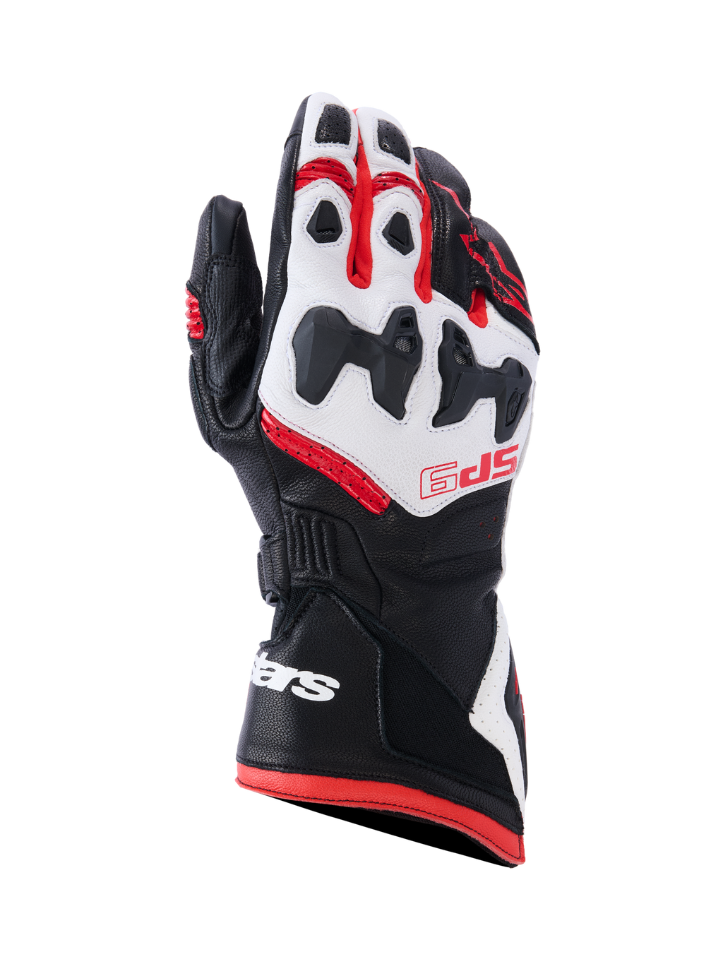Alpinestars SP-9 handschoenen, motorracehandschoenen, zwart, wit en felrood, voorzien van SP-R verdeelde knokkelbescherming, geperforeerd geitenleer, rode SP-9 branding op de rugzijde en wit logo op de lange manchet met dubbele sluiting.