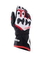 Alpinestars SP-9 handschoenen, motorracehandschoenen, zwart, wit en felrood, voorzien van SP-R verdeelde knokkelbescherming, geperforeerd geitenleer, rode SP-9 branding op de rugzijde en wit logo op de lange manchet met dubbele sluiting.