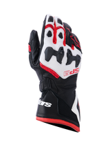 Alpinestars SP-9 Gloves, Motorcycle Racing Gloves, Black White and Bright Red, featuring SP-R divided knuckle protection, perforated goat leather, red SP-9 branding on the backhand, and white logo on the long dual-closure cuff.