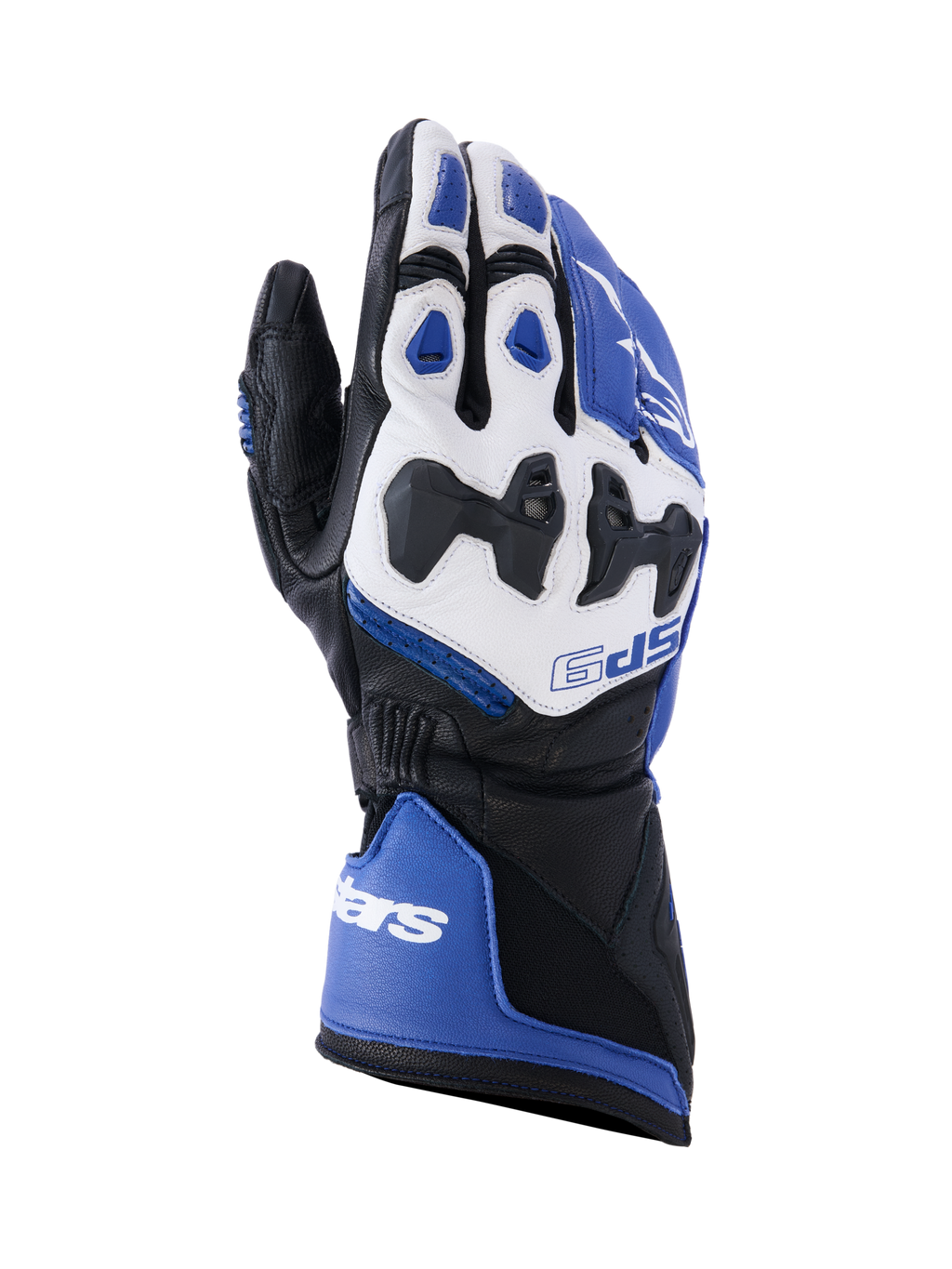Alpinestars SP-9 handschoenen, motorrace- en sporthandschoenen, helderblauw, wit en zwart, geitenleren constructie met SP-R verdeelde knokkelbescherming, lange manchet met dubbele sluiting, sportief ontwerp voor circuit- en straatgebruik.