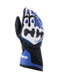 Alpinestars SP-9 handschoenen, motorrace- en sporthandschoenen, helderblauw, wit en zwart, geitenleren constructie met SP-R verdeelde knokkelbescherming, lange manchet met dubbele sluiting, sportief ontwerp voor circuit- en straatgebruik.
