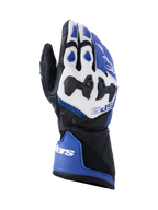 Alpinestars SP-9 handschoenen, motorrace- en sporthandschoenen, helderblauw, wit en zwart, geitenleren constructie met SP-R verdeelde knokkelbescherming, lange manchet met dubbele sluiting, sportief ontwerp voor circuit- en straatgebruik.