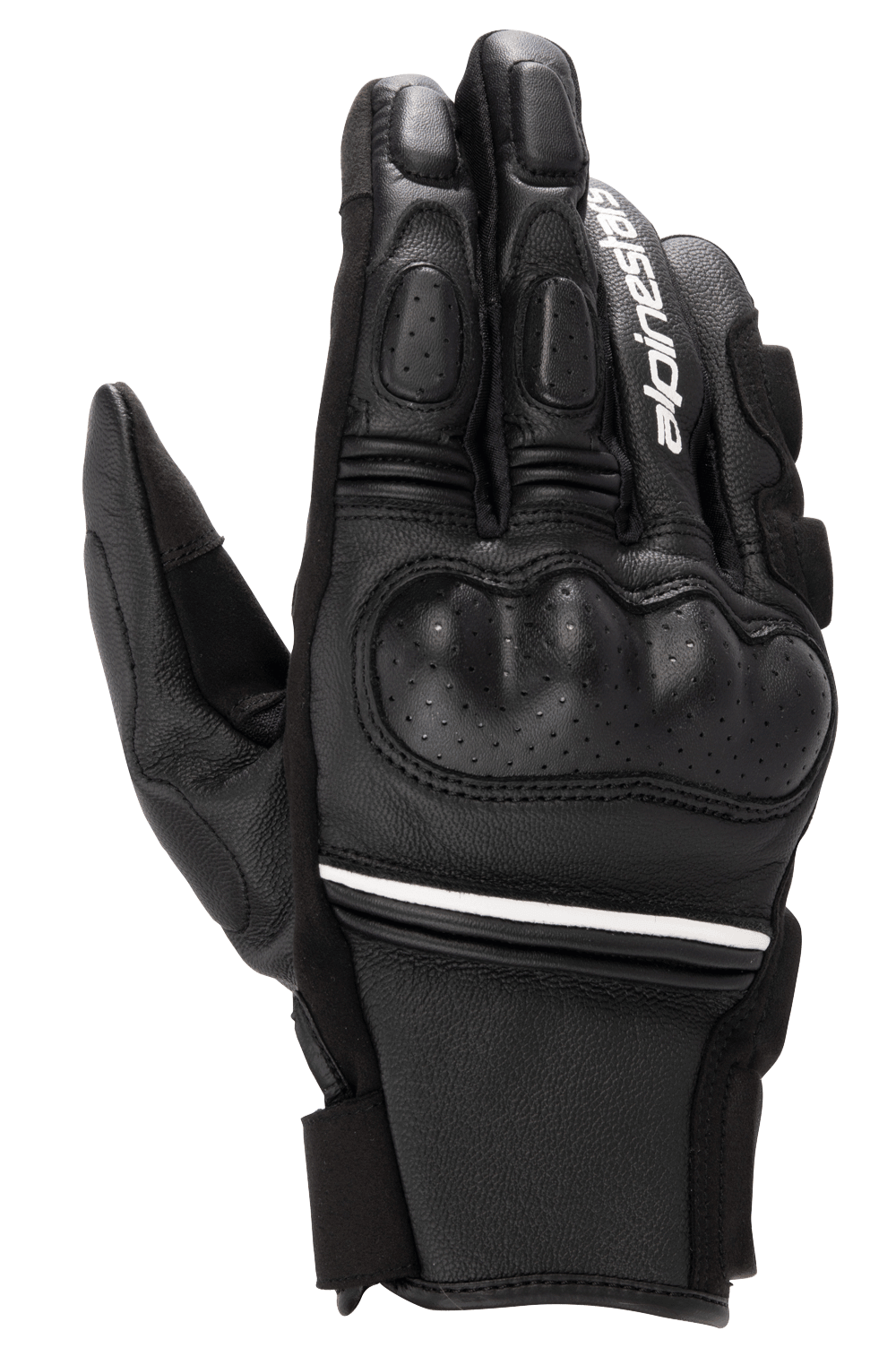 Alpinestars Phenom lederen handschoenen, zwart en wit, korte motorhandschoenen met harde knokkelbescherming, geperforeerde lederen details, witte Alpinestars-branding op de wijsvinger en wit streepaccent bij de pols