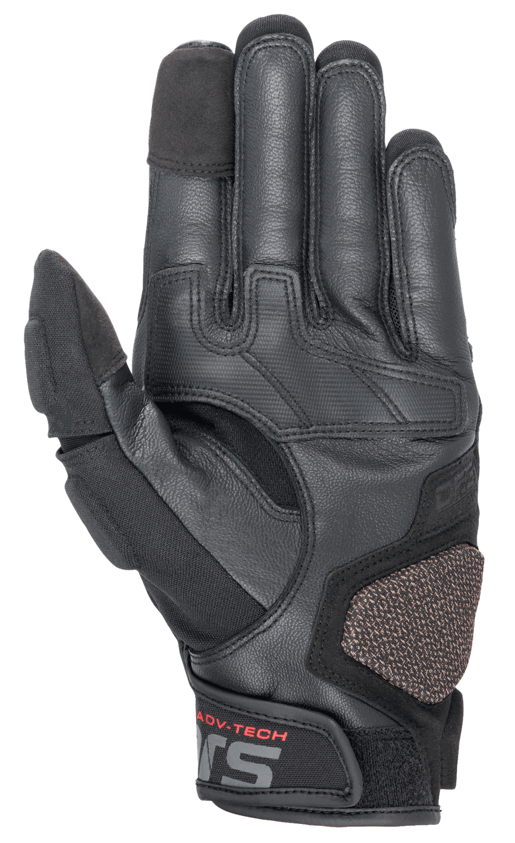 Alpinestars Halo Leather Gloves, Adventure Motorcycle Gloves, Black, palm-side view showing leather and textile construction, reinforced ARshield landing pad, rubber grip, and touchscreen fingertips