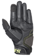 Alpinestars Halo Leren Handschoenen, adventure motorhandschoenen, Forest Black en Yellow Fluo, zijaanzicht van de handpalm met versterkte lederen constructie, fluoriserend gele stiksels en touchscreen-compatibele wijsvinger- en duimtoppen.
