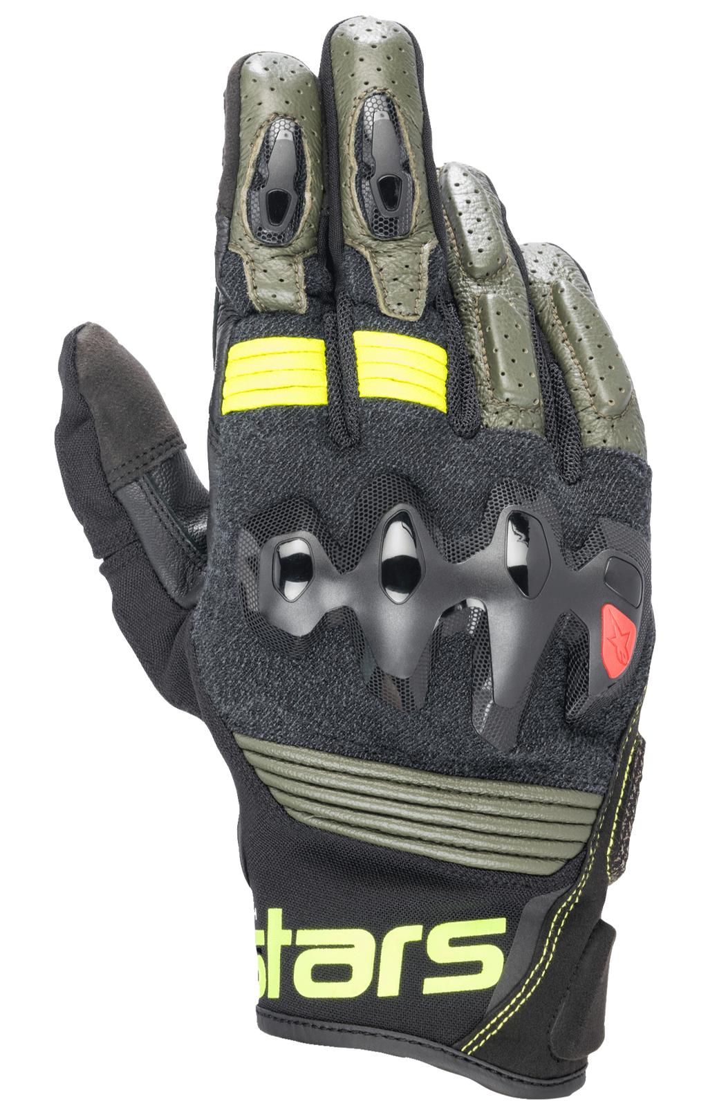 Alpinestars Halo Leather motorhandschoenen, motorhandschoenen, Forest Black en Yellow Fluo, olijfgroen en zwart met neongele accenten, overgeïnjecteerde knokkelbescherming, geperforeerde lederen constructie, Adventure Touring-stijl