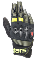 Alpinestars Halo Leather motorhandschoenen, motorhandschoenen, Forest Black en Yellow Fluo, olijfgroen en zwart met neongele accenten, overgeïnjecteerde knokkelbescherming, geperforeerde lederen constructie, Adventure Touring-stijl