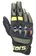 Alpinestars Halo Leather motorhandschoenen, motorhandschoenen, Forest Black en Yellow Fluo, olijfgroen en zwart met neongele accenten, overgeïnjecteerde knokkelbescherming, geperforeerde lederen constructie, Adventure Touring-stijl