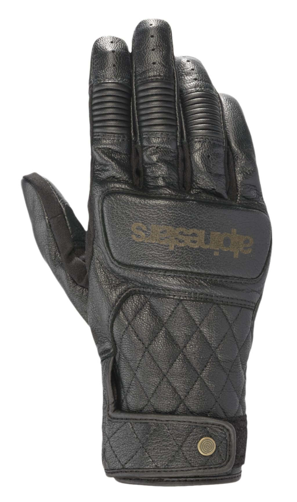 Alpinestars Brass Lt Gloves, zwarte leren motorhandschoenen met een gequilt ruitpatroon op de handrug, geribbelde knokkelbescherming, geperforeerde vingers en gouden logo met een drukknoopsluiting aan de pols