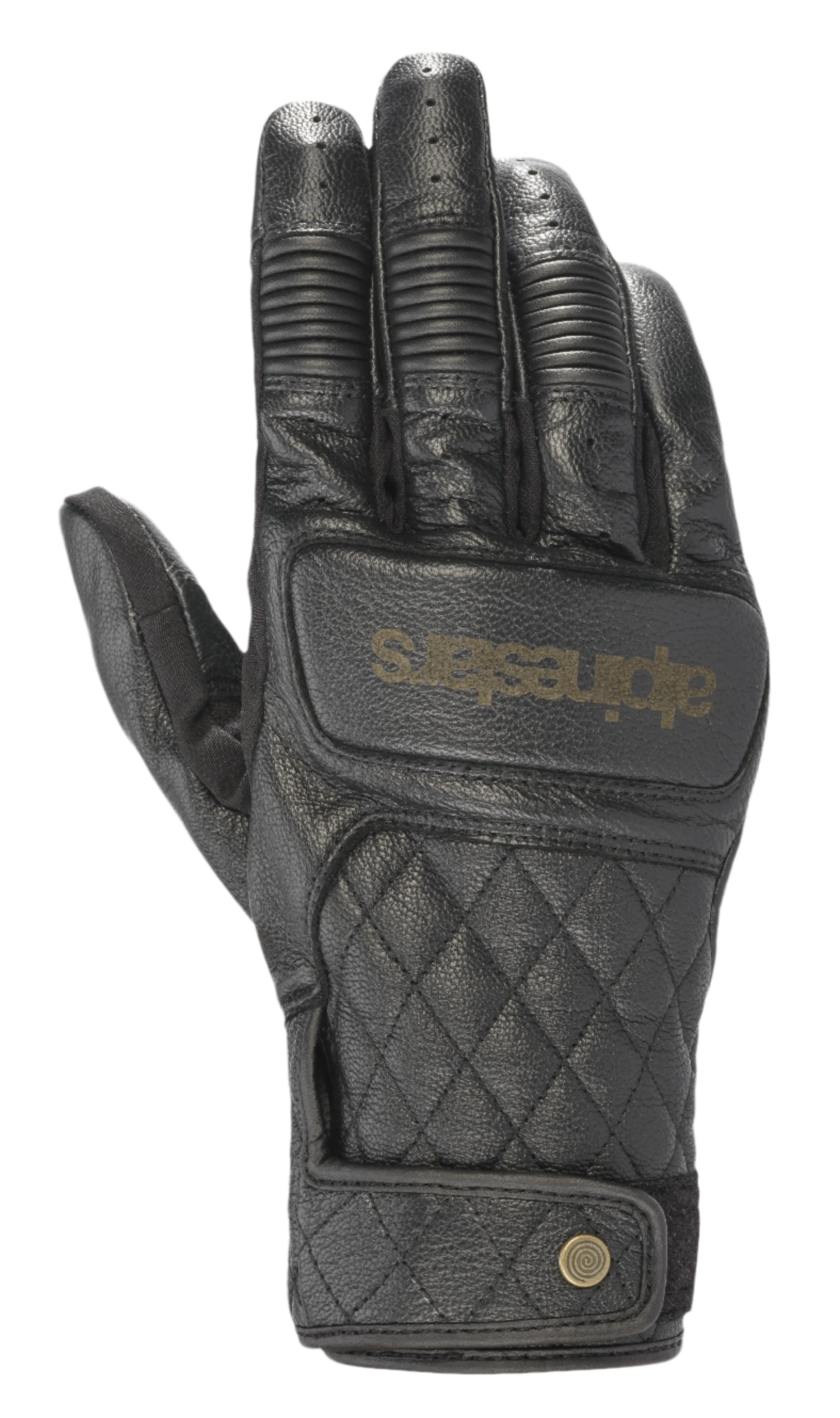 Alpinestars Brass Lt Gloves, Black leather motorcycle gloves featuring a quilted diamond pattern on the backhand, ribbed knuckle protection, perforated fingers, and gold branding with a snap button wrist closure