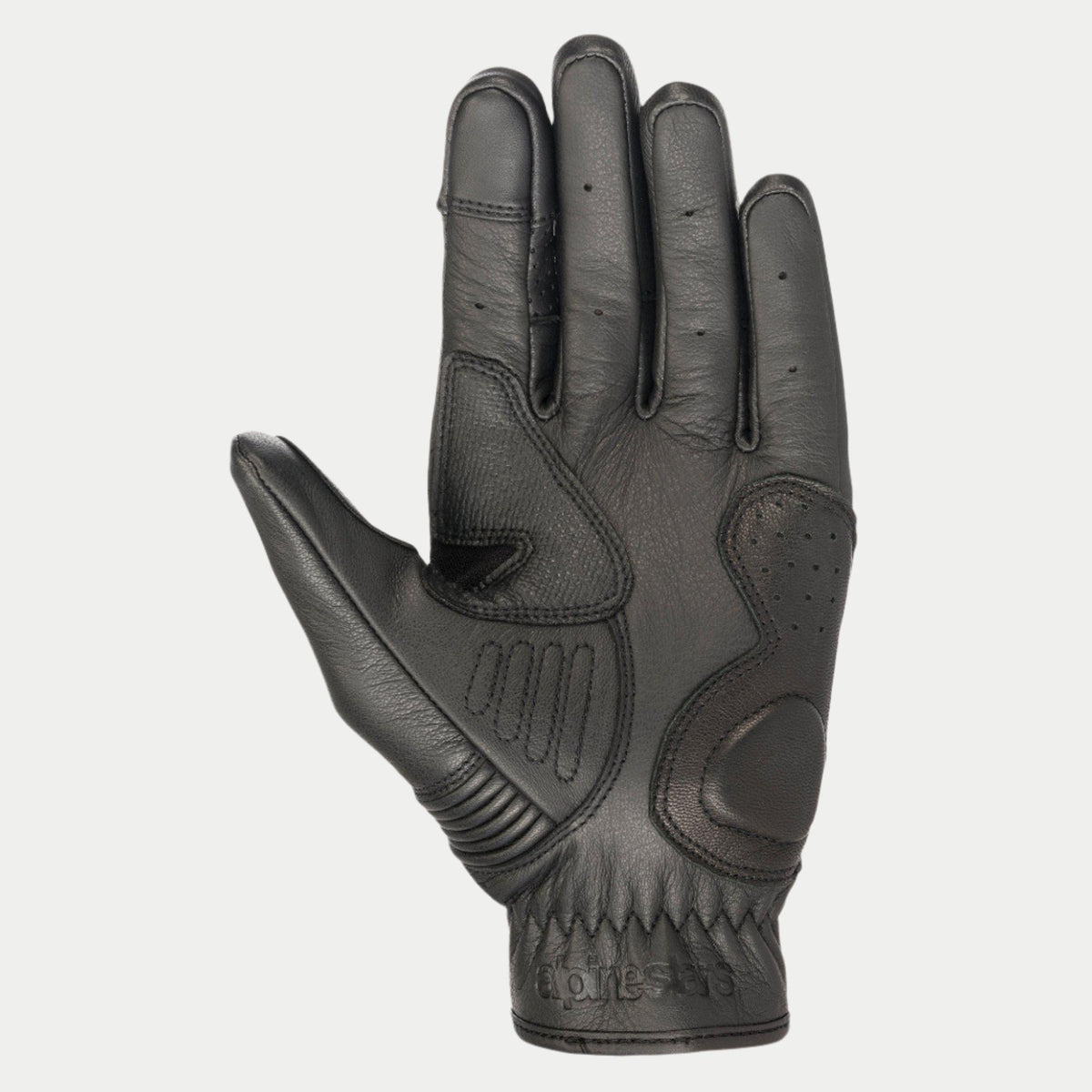 Alpinestars Crazy Eight handschoenen, motorhandschoenen, zwart, palmweergave met versterkte lederen constructie, getextureerde grippanelen op de handpalm en duim, en logo in reliëf op de polsmanchet