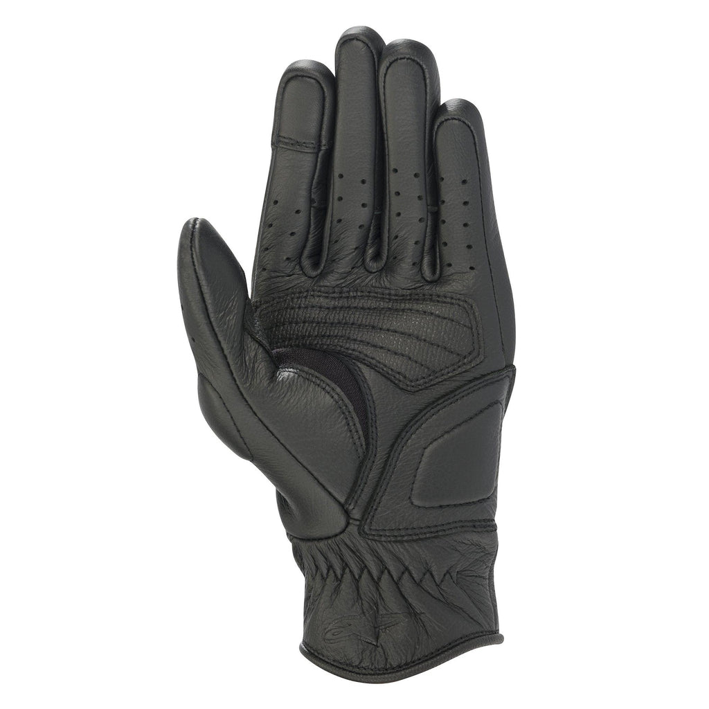 Alpinestars Stella Vika V2 dameshandschoenen, zwarte leren motorhandschoenen, zicht op de handpalm met versterkte vulling, geperforeerde vingers voor luchtstroom en kort manchetontwerp