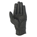 Alpinestars Stella Vika V2 dameshandschoenen, zwarte leren motorhandschoenen, zicht op de handpalm met versterkte vulling, geperforeerde vingers voor luchtstroom en kort manchetontwerp