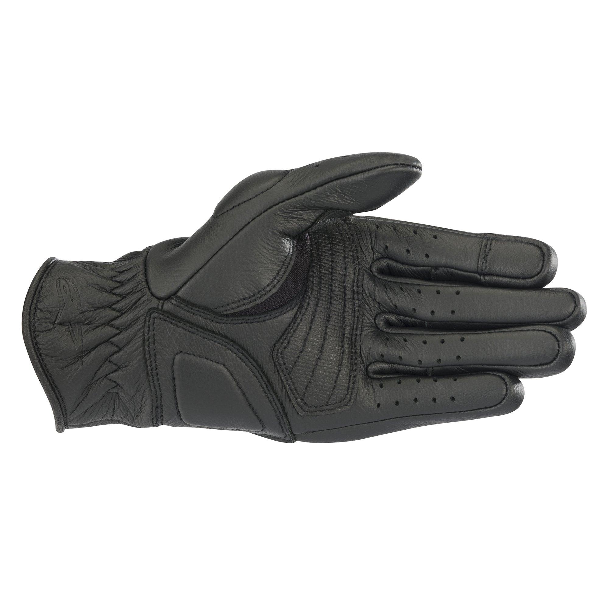 Alpinestars Stella Vika V2 dameshandschoenen, zwarte leren motorhandschoenen, zicht op de handpalm met versterkte vulling, geperforeerde vingers voor luchtstroom en kort manchetontwerp