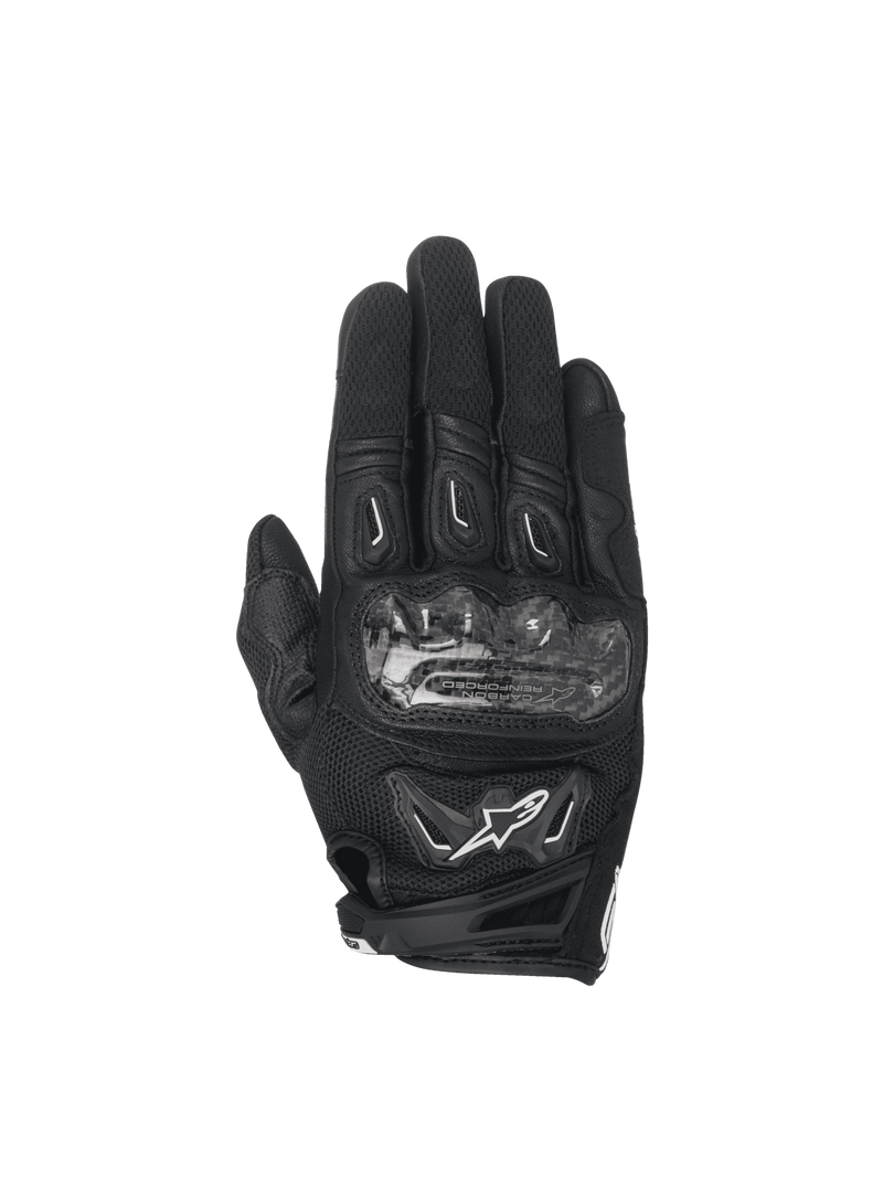 Alpinestars Stella SMX-2 Air Carbon V2 dames-motorhandschoenen, zwart leer en 3D-mesh met carbon knokkelbeschermer.