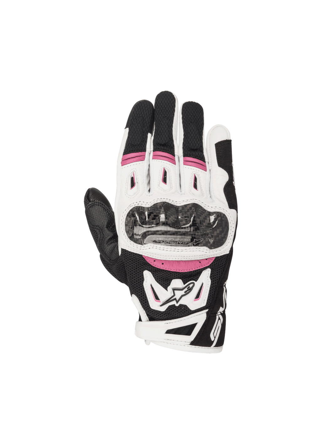 Alpinestars Stella SMX-2 Air Carbon V2 damesmotorhandschoenen, zwart, wit en fuchsia, voorzien van carbon knokkelbescherming en 3D-mesh voor ventilatie, CE-gecertificeerd.