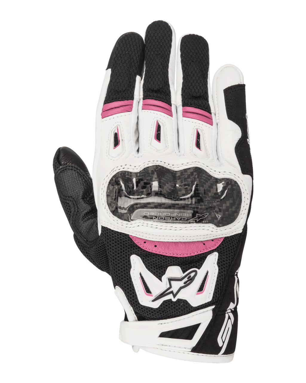 Alpinestars Stella SMX-2 Air Carbon V2 handschoenen, dames motorhandschoenen, zwart, wit en fuchsia, voorzien van een carbon knokkelbeschermer, 3D mesh ventilatie en Alpinestars logo, sportief ontwerp met korte manchet