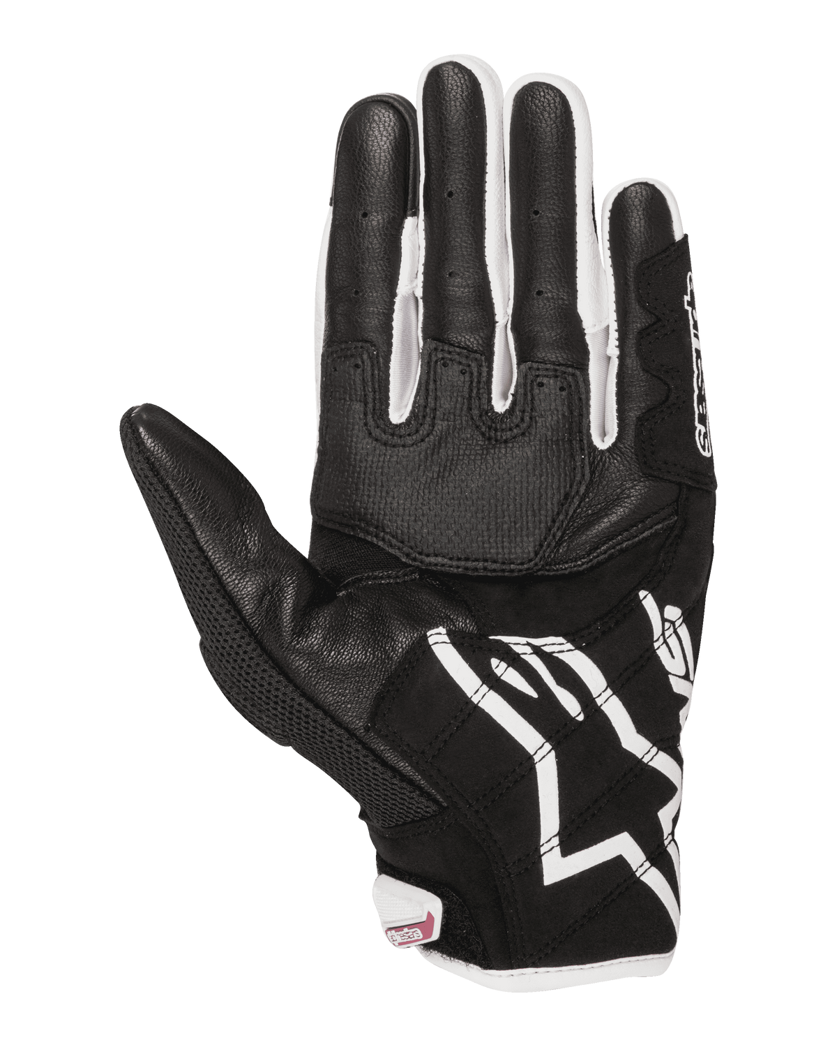 Alpinestars Stella SMX-2 Air Carbon V2 dameshandschoenen, motorhandschoenen, handpalmaanzicht, zwart en wit met fuchsia details, leer- en mesh-constructie met versterkte handpalm en touchscreen-compatibele vingertoppen