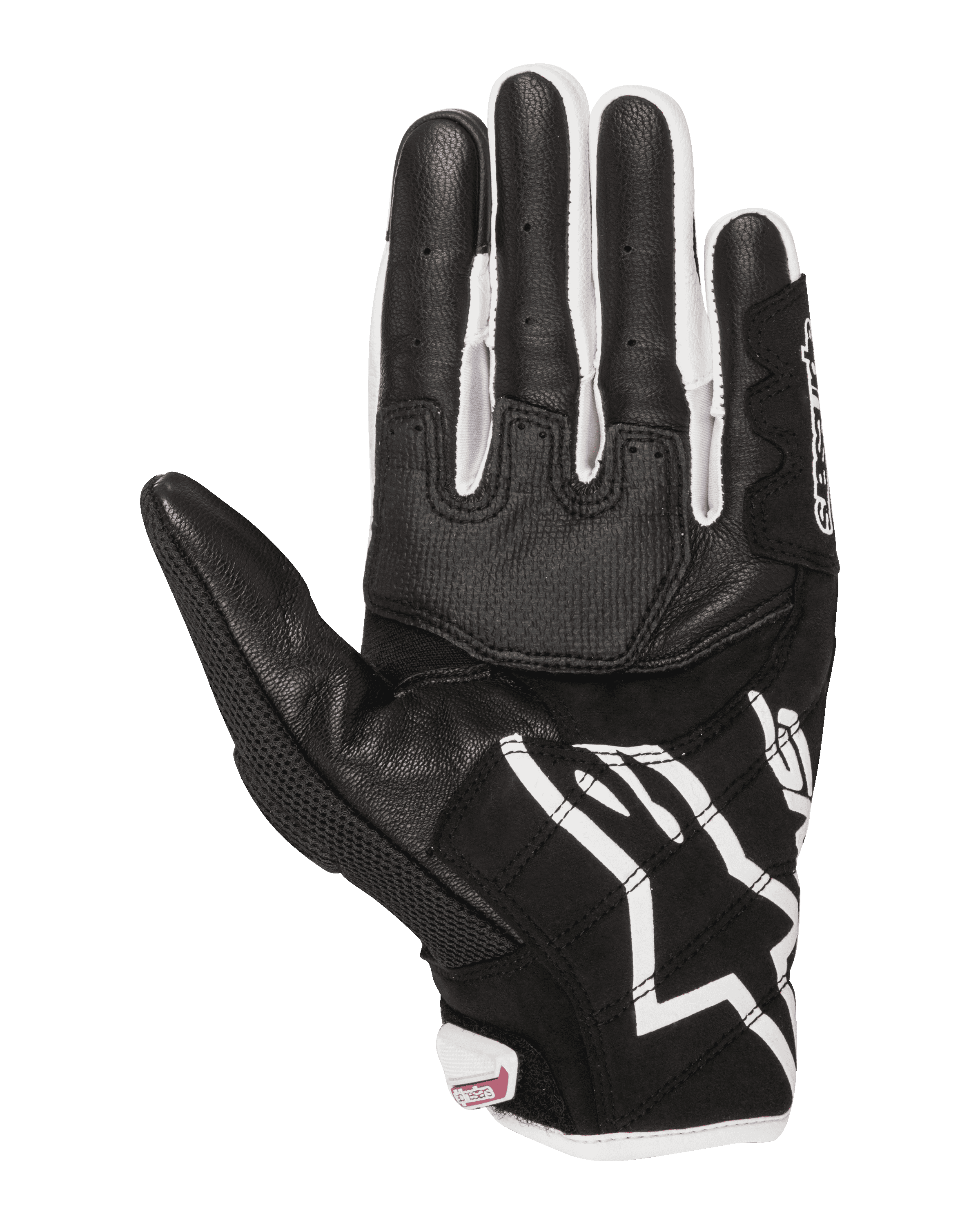 Alpinestars Stella SMX-2 Air Carbon V2 dameshandschoenen, motorhandschoenen, handpalmaanzicht, zwart en wit met fuchsia details, leer- en mesh-constructie met versterkte handpalm en touchscreen-compatibele vingertoppen