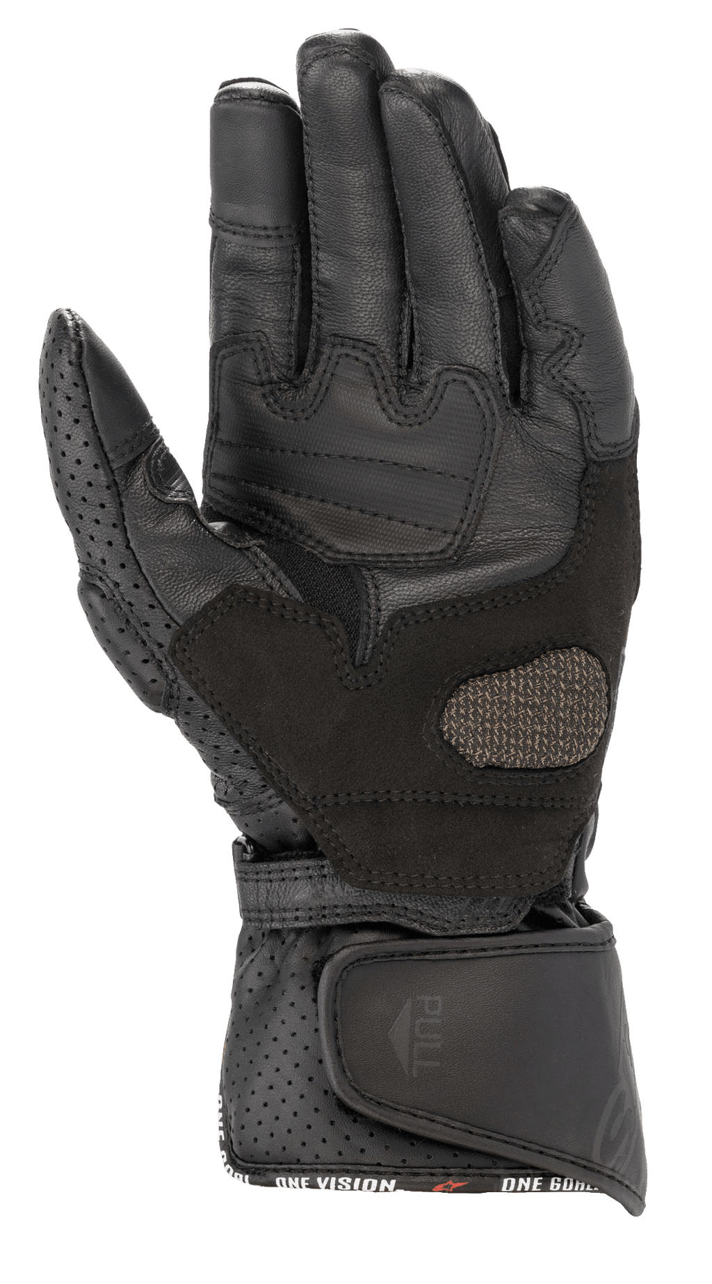 Alpinestars Stella SP-8 V3 dameshandschoenen, motorhandschoenen, zwart zwart, handpalmaanzicht met versterkte leren panelen en geperforeerde details, brede verstelbare polssluiting met treklipje, hoogwaardige beschermende uitrusting voor dames