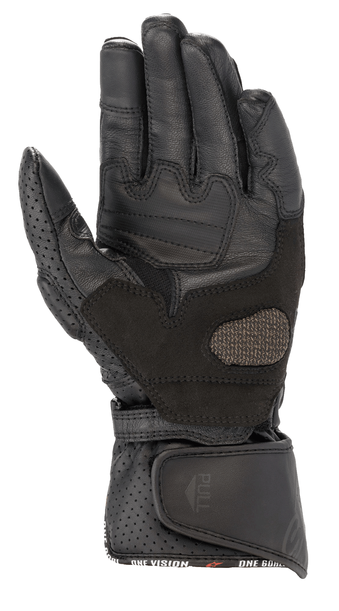 Alpinestars Stella SP-8 V3 dameshandschoenen, motorhandschoenen, zwart zwart, handpalmaanzicht met versterkte leren panelen en geperforeerde details, brede verstelbare polssluiting met treklipje, hoogwaardige beschermende uitrusting voor dames