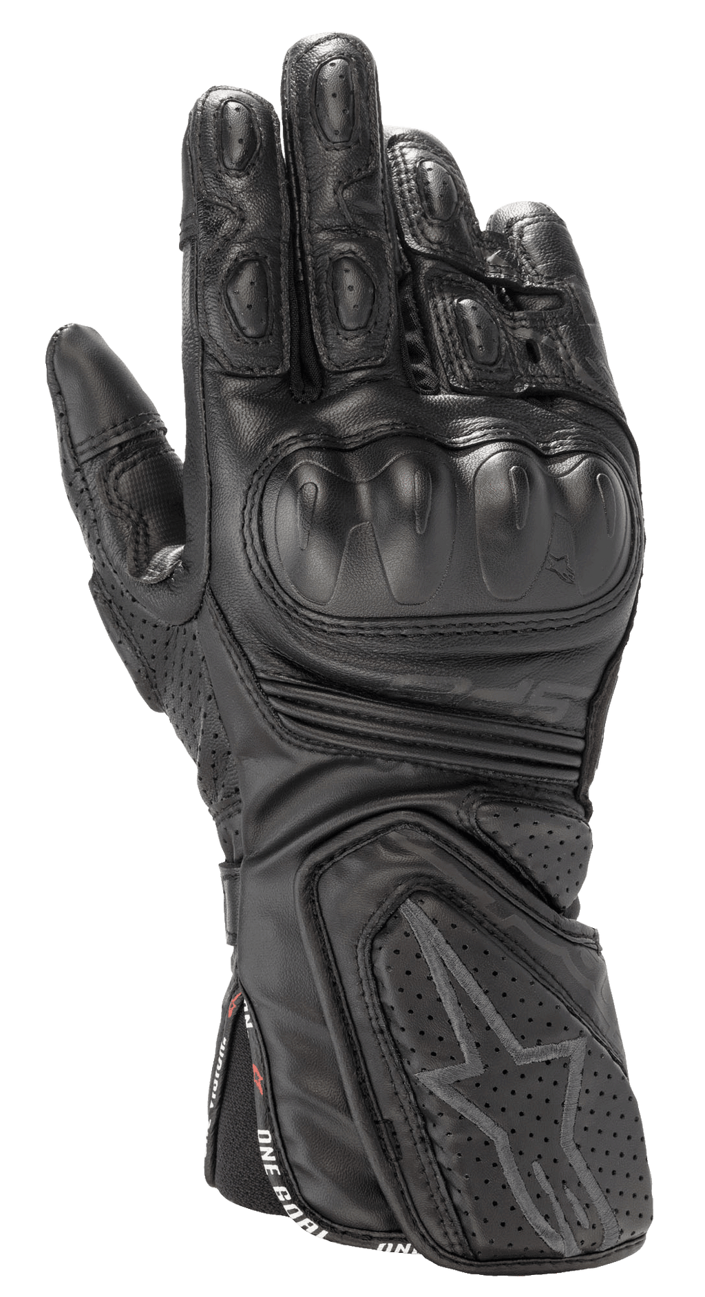 Alpinestars Stella SP-8 V3 handschoenen, dames motorracehandschoenen, zwart, hoogwaardige lederen constructie, harde knokkelbescherming, geperforeerd voor ventilatie, gewatteerde vingers en pols, sterlogo, band met 'One Goal One Vision' tekst