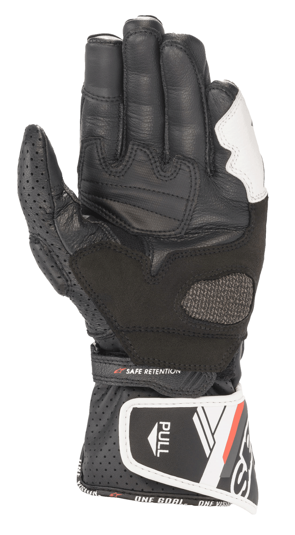 Alpinestars Stella SP-8 V3 dameshandschoenen, leren motorhandschoenen, zwart en wit, palmaanzicht met geperforeerde leren duim, versterkte grippanelen, verstelbare polsband met 'SAFE RETENTION' tekst en lange manchet met 'PULL' tab en merkbelettering