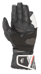 Alpinestars Stella SP-8 V3 dameshandschoenen, leren motorhandschoenen, zwart en wit, palmaanzicht met geperforeerde leren duim, versterkte grippanelen, verstelbare polsband met 'SAFE RETENTION' tekst en lange manchet met 'PULL' tab en merkbelettering