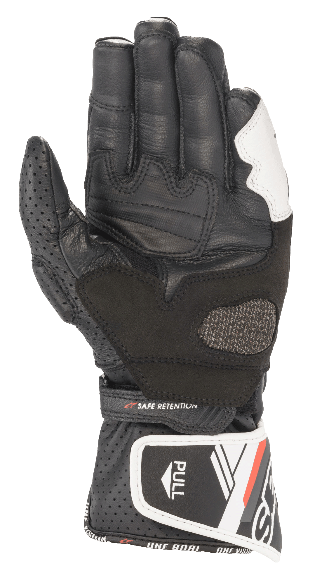 Alpinestars Stella SP-8 V3 dameshandschoenen, leren motorhandschoenen, zwart en wit, palmaanzicht met geperforeerde leren duim, versterkte grippanelen, verstelbare polsband met 'SAFE RETENTION' tekst en lange manchet met 'PULL' tab en merkbelettering