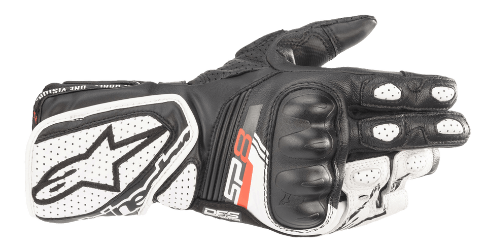 The Women Stella SP-8 V3 Gloves by Alpinestars EU are constructed from full grain goat leather and feature hard knuckle protection for enhanced safety. These black and white motorcycle gloves boast branding and a logo with lettering on the wrist strap and fingers. Designed for protective riding, they also offer ventilation holes for added comfort.