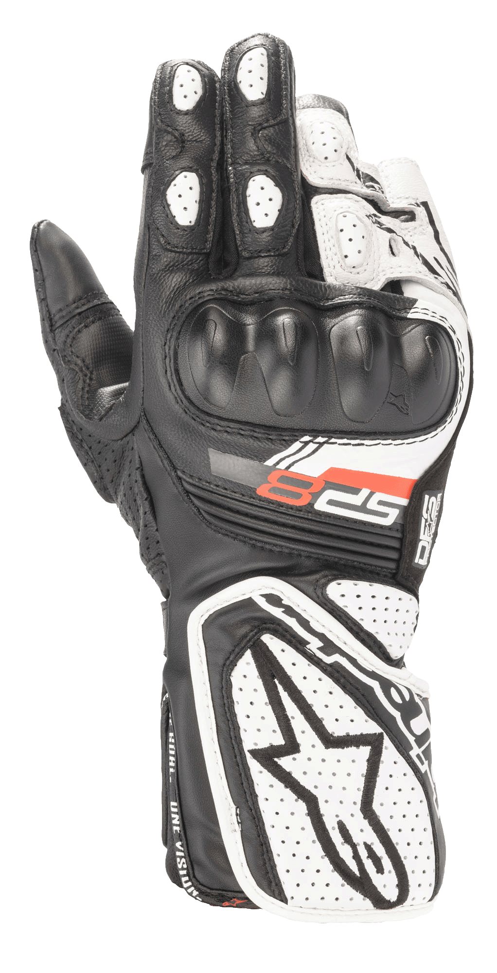 Alpinestars Stella SP-8 V3 dames motorhandschoenen, motorracehandschoenen, zwart en wit, met voorgevormde harde knokkelbescherming, geperforeerde leren panelen voor ademend vermogen, verlengde manchet met groot ster-logo en rode SP-8 graphic