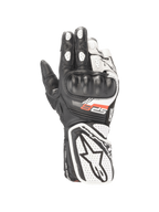 Alpinestars Stella SP-8 V3 motorhandschoenen voor dames, zwart en wit, lederen constructie met harde knokkelbescherming, CE-gecertificeerd.