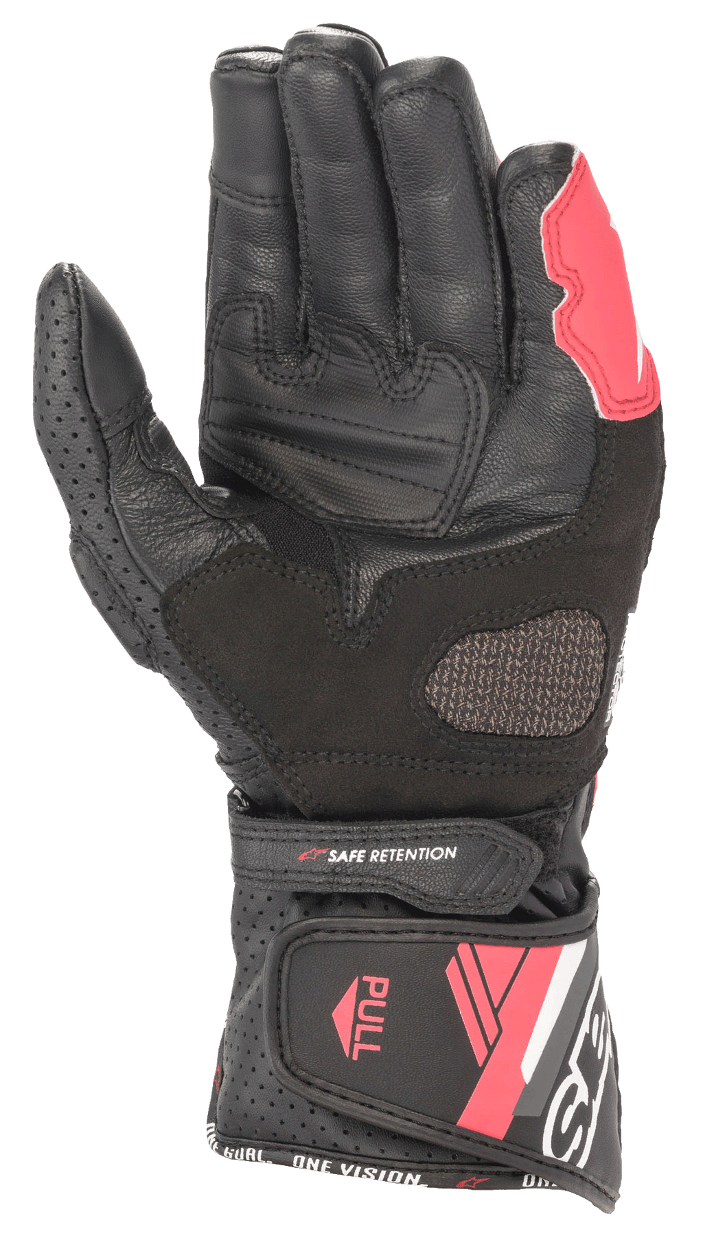 Alpinestars Stella SP-8 V3 leren dameshandschoenen, Black White Diva Pink, handpalmweergave met lederen constructie, versterkte gripzones, geperforeerde panelen en verstelbare manchetsluiting.