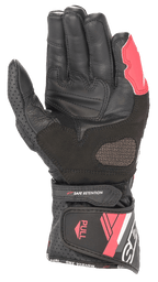 Alpinestars Stella SP-8 V3 leren dameshandschoenen, Black White Diva Pink, handpalmweergave met lederen constructie, versterkte gripzones, geperforeerde panelen en verstelbare manchetsluiting.
