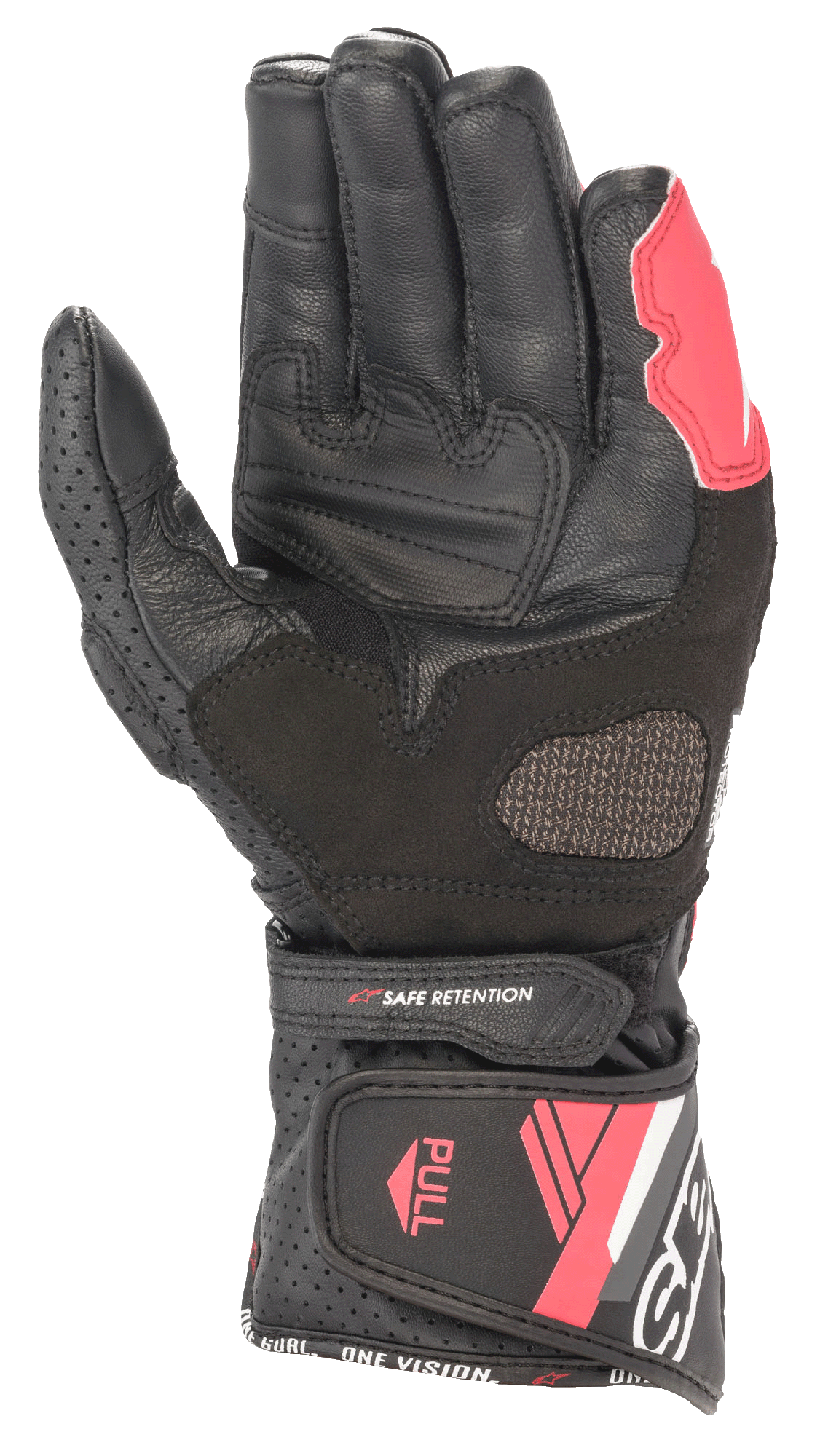 Alpinestars Stella SP-8 V3 leren dameshandschoenen, Black White Diva Pink, handpalmweergave met lederen constructie, versterkte gripzones, geperforeerde panelen en verstelbare manchetsluiting.