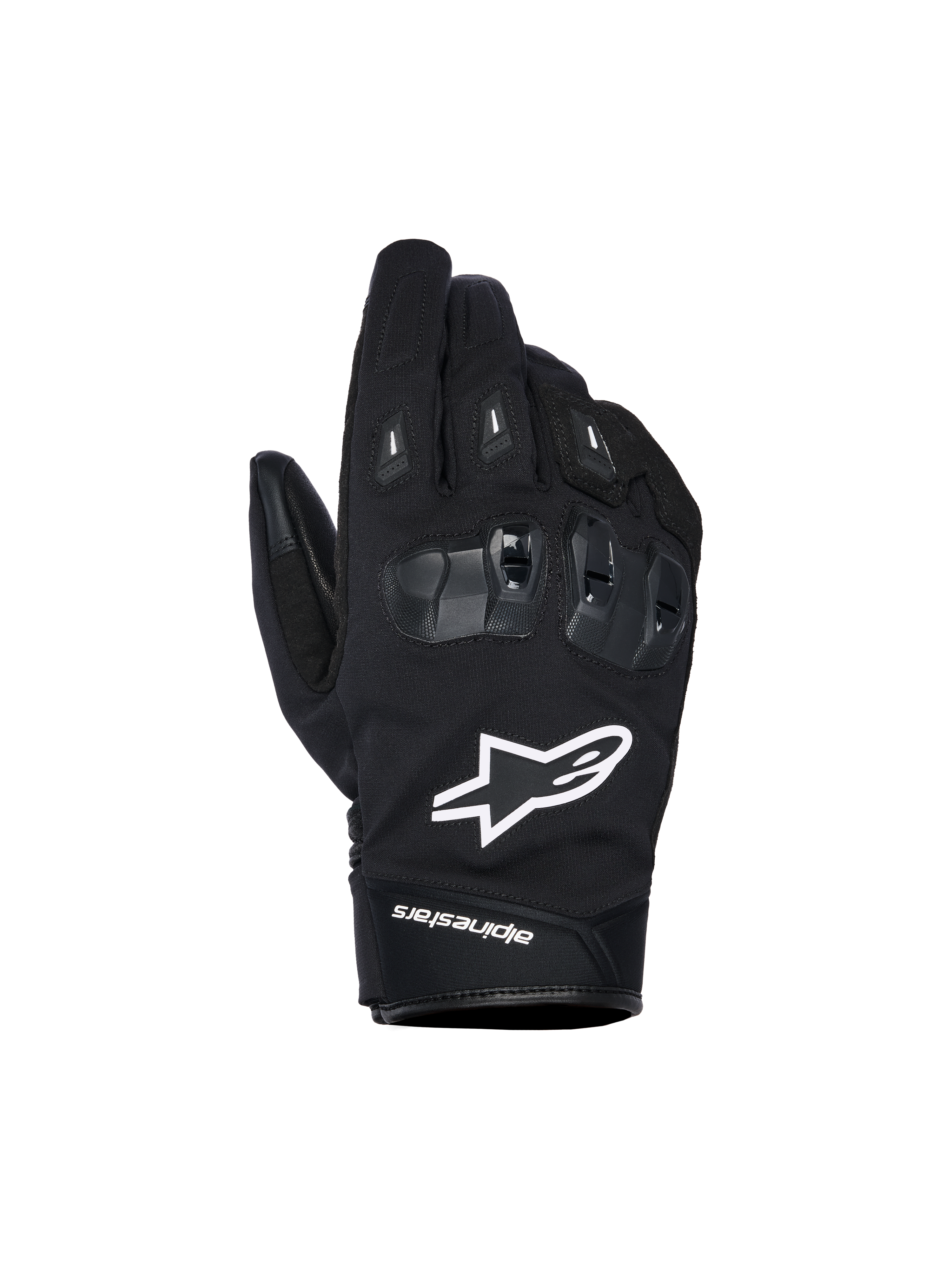 Alpinestars SP X Z waterdichte handschoenen, zwarte motorhandschoenen met wit sterlogo, voorzien van getextureerde SP X TPU-knokkelbescherming met glanzende zwarte segmenten, strak straatontwerp met versterkte stiksels, waterdichte constructie voor alle weersomstandigheden