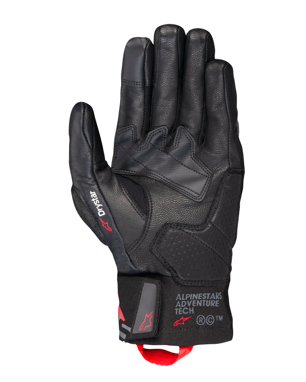 Alpinestars Belize V3 Drystar® handschoenen, zwarte motor tourhandschoenen, palmonderzijde met lederen constructie en geperforeerde verstevigingen, Drystar-branding op de duim, Adventure Tech-logo op de manchet en een rode aantreklus