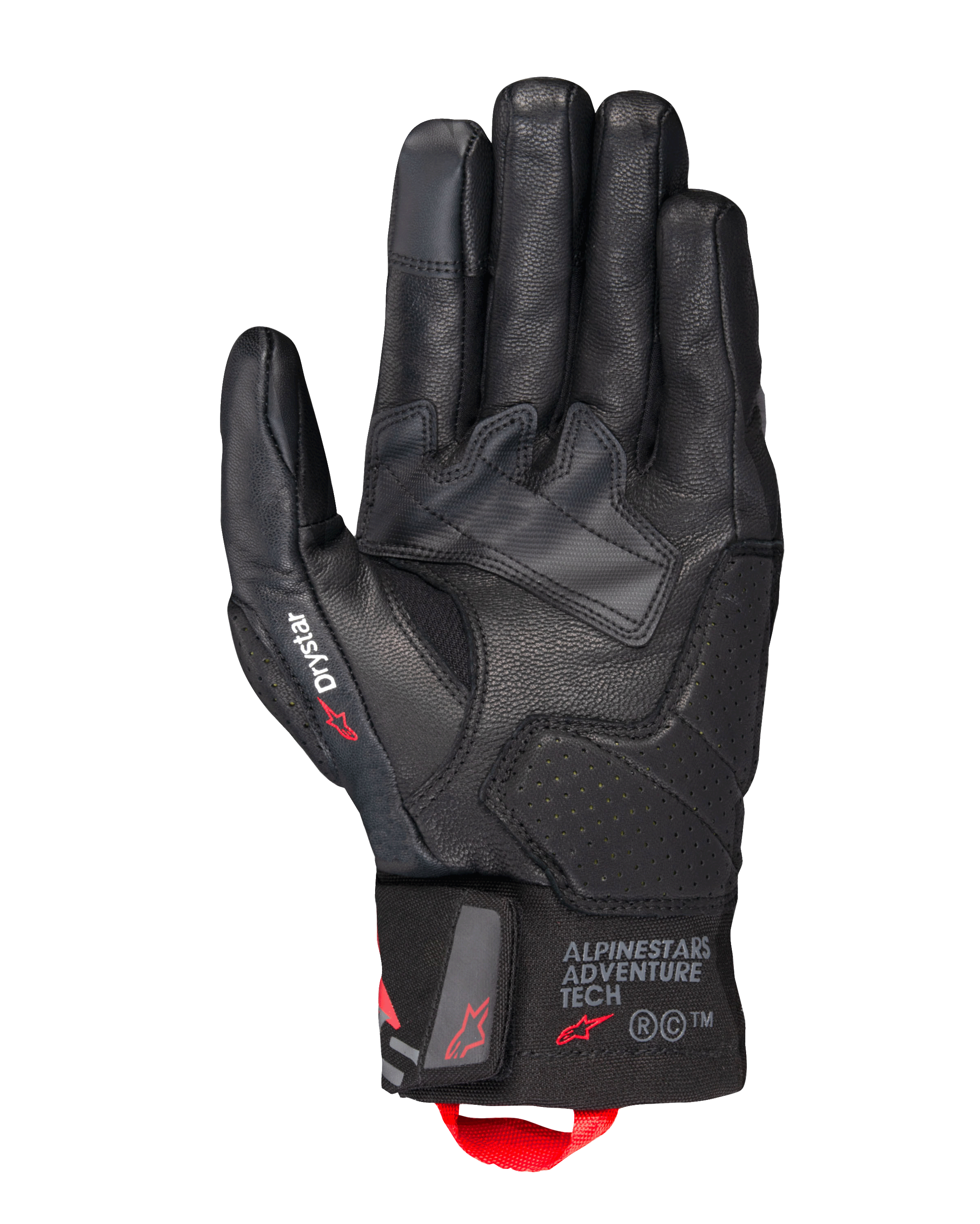 Alpinestars Belize V3 Drystar® handschoenen, zwarte motor tourhandschoenen, palmonderzijde met lederen constructie en geperforeerde verstevigingen, Drystar-branding op de duim, Adventure Tech-logo op de manchet en een rode aantreklus