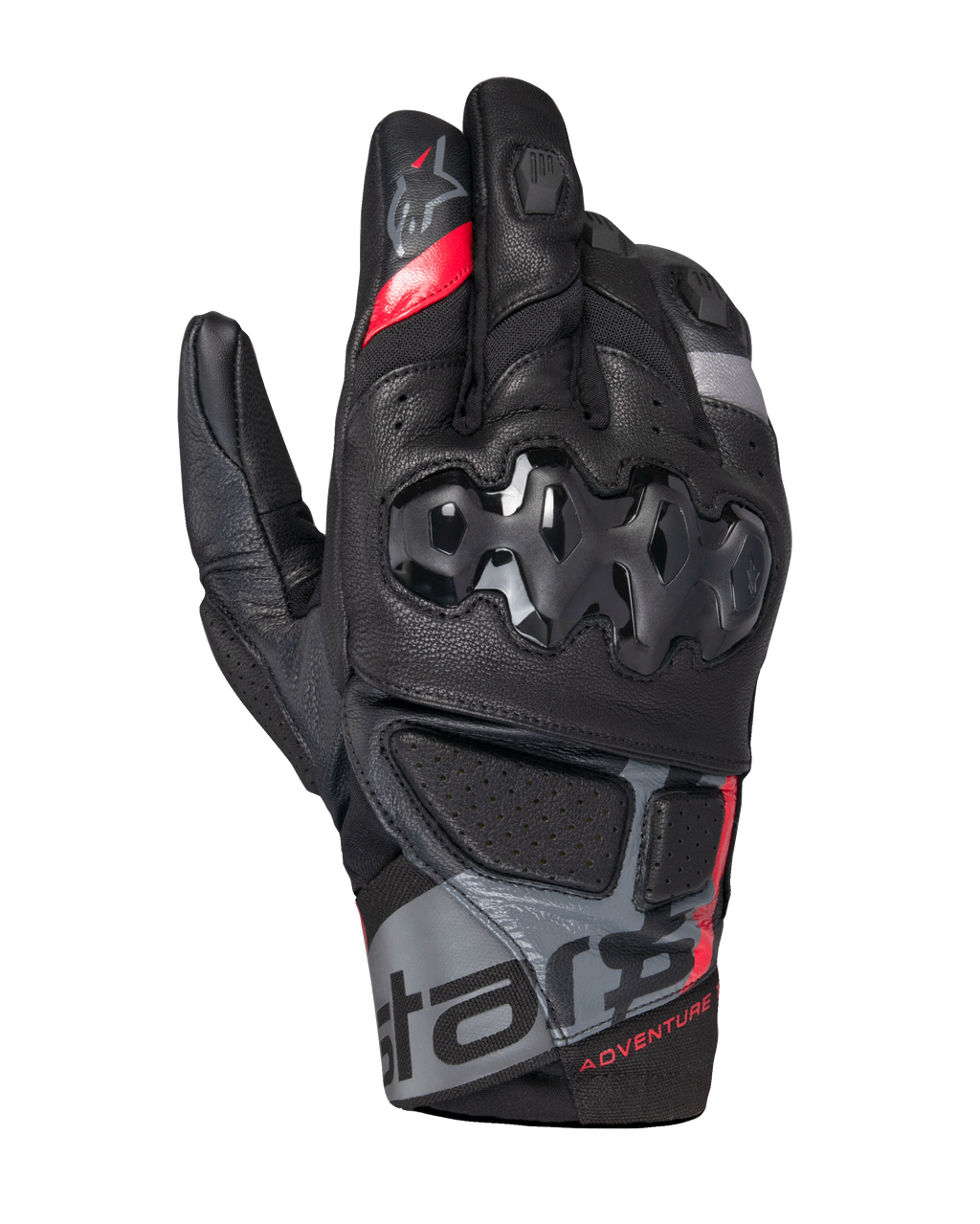 Alpinestars Belize V3 Drystar motorhandschoenen, adventure motorhandschoenen met korte manchet, zwart met rode en grijze accenten, harde knokkelbescherming met hexagonaal patroon, geperforeerde leren panelen en "ADVENTURE" branding op de pols