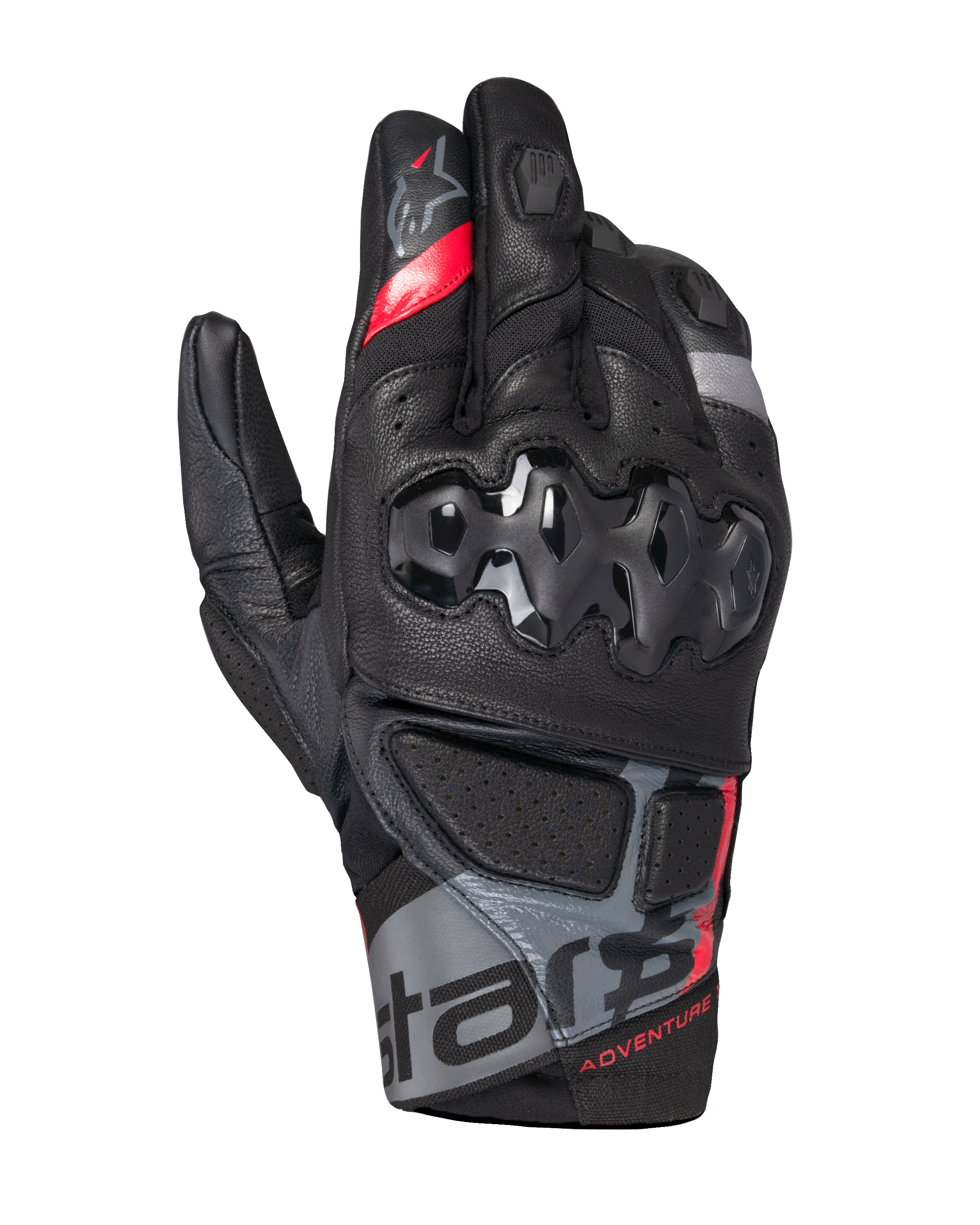 Alpinestars Belize V3 Drystar motorhandschoenen, adventure motorhandschoenen met korte manchet, zwart met rode en grijze accenten, harde knokkelbescherming met hexagonaal patroon, geperforeerde leren panelen en "ADVENTURE" branding op de pols
