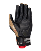 Alpinestars Belize V3 Drystar® handschoenen, binnenzijde van een motorhandschoen met kort manchet in zwart en Gobi Brown, lederen constructie met versterkte handpalm, geperforeerde details en rode aantreklus