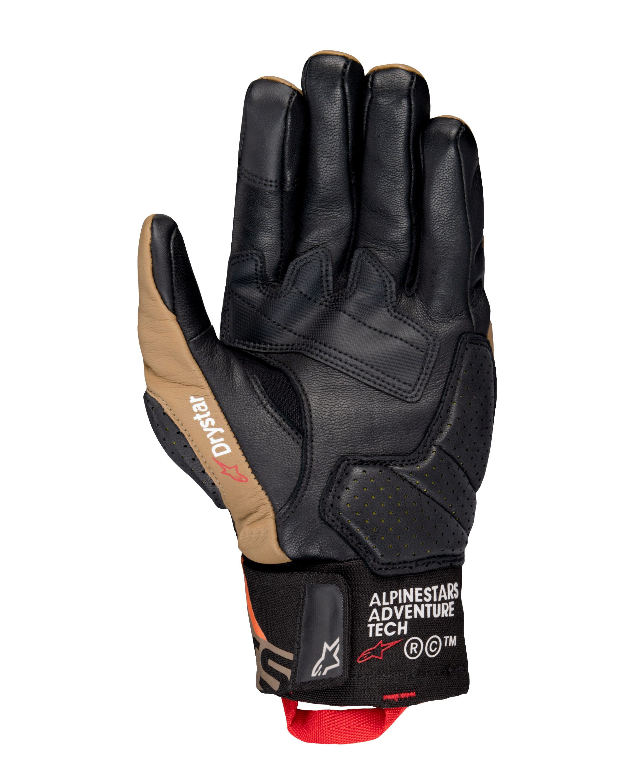 Alpinestars Belize V3 Drystar® handschoenen, binnenzijde van een motorhandschoen met kort manchet in zwart en Gobi Brown, lederen constructie met versterkte handpalm, geperforeerde details en rode aantreklus