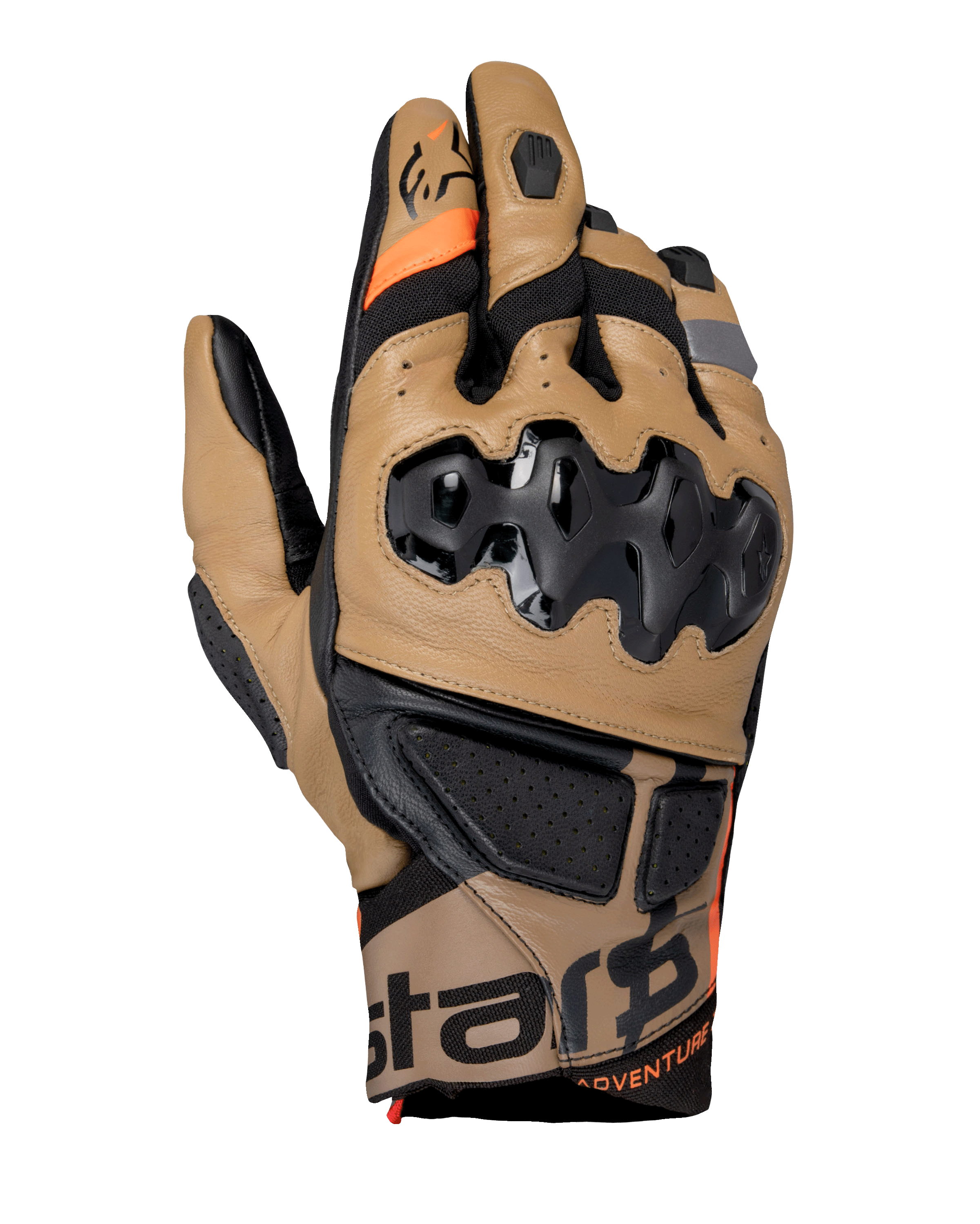 Alpinestars Belize V3 Drystar motorhandschoenen, adventure motorhandschoenen, Gobi bruin en zwart, geïnjecteerde SP-knokkelbescherming, kort manchetontwerp, geperforeerde lederen panelen, oranje accenten, Alpinestars-branding op het manchet