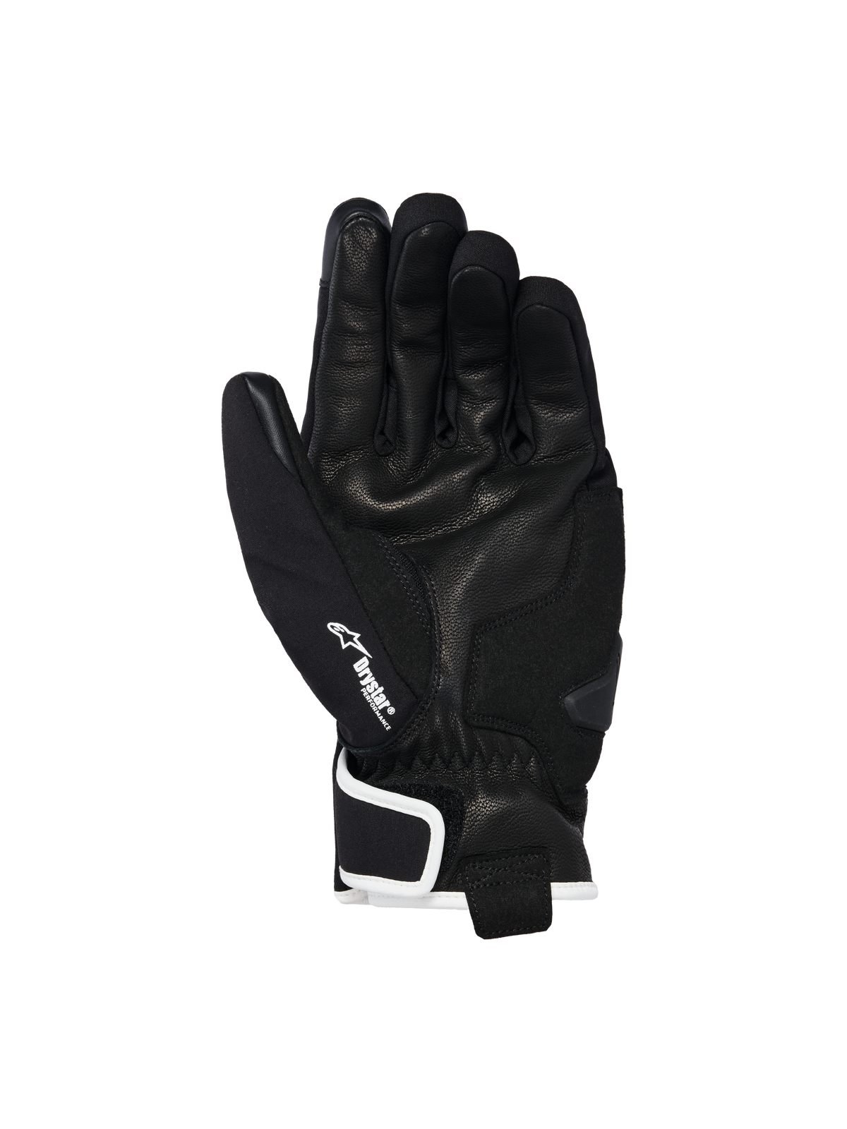 Alpinestars Moblast waterdichte handschoenen, zwart met off-white details, zicht op de handpalm toont de geitenleren constructie, wit Drystar-logo op de duim en handpalm-slider versterking, urban motorhandschoenen met kort manchet